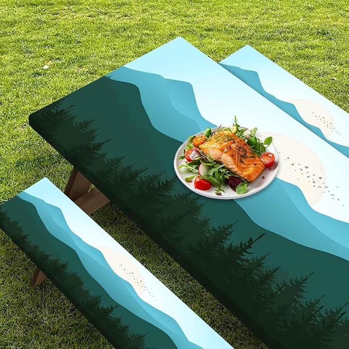CAPSCEOLL Fitted Picnic Table Cover with Bench Covers with Elastic 8ft Waterproof Windproof Picnic Table Cloths Outdoor Camping Tablecloth with Drawstring Bag, 96X30In, Green Mountain