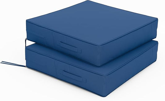 Patio Chair Cushions 24 X 24 X 5 Inch Waterproof Outdoor Seat Cushions for Patio Furniture, Outdoor Sofa Couch Pads with Ties & Handle, Set of 2, Blue