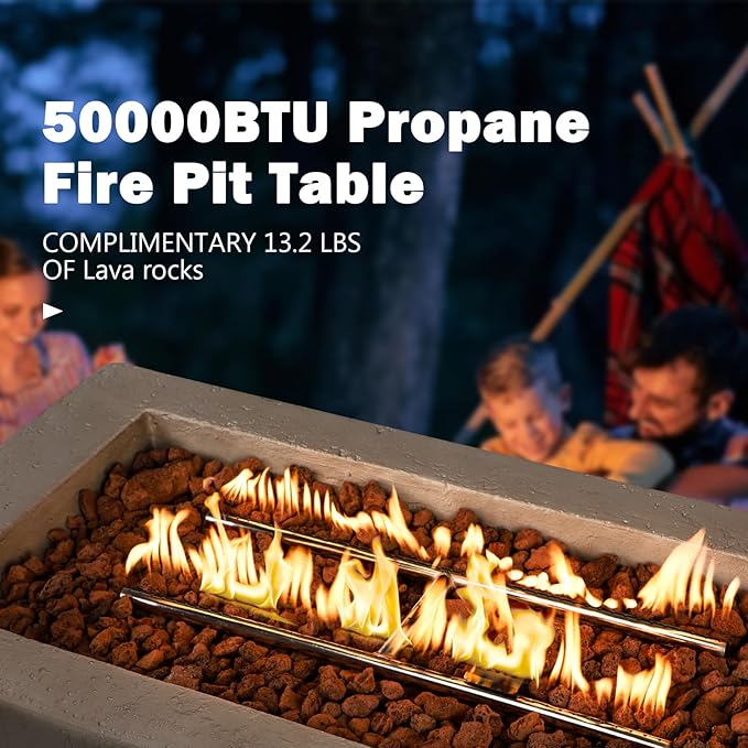 Rectangular Propane Fire Pit,42 Inch Outdoor Fire Pit Table 2-Piece 50,000 BTU,Concrete Firepit with Tank Cover Table w/Lava Rocks Gas Fireplace for Patio & Deck