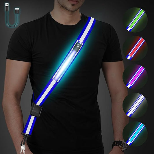LED Reflective Belt Sash - 5 Lights Colors & 3 Light Modes High Visibility Night Safety Belt, Rechargeable Light Up Running Gear Adjustable Vest Straps for Runners Walkers Men Women