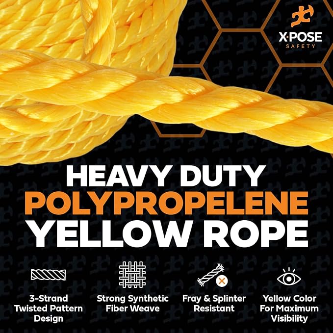 Yellow Twisted Polypropylene Rope, 3/8" Thickness x 600' Length Heavy Duty Poly Ropes for Outdoor and Marine Use, Yellow Rope for Visibility & Safety