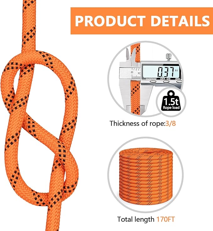 X XBEN Braided Polyester Arborist Rope 3/8 inch X 170ft, 48 Strands, 3430 LBS Breaking Strength Outdoor Rope, Arborist Rigging Rope for Rock Hiking Camping Swing Tree Rescue, Orange