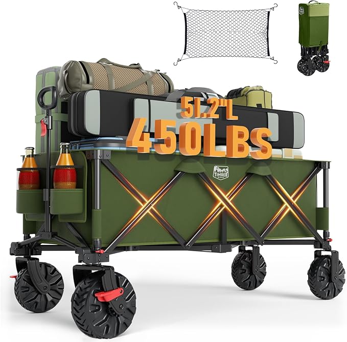 TIMBER RIDGE 51.2" Extended Collapsible Wagon - Heavy-Duty Utility Cart with All-Terrain Wheels, Brakes & Cargo Net, 400L Capacity for Camping, Sports & Shopping, Green