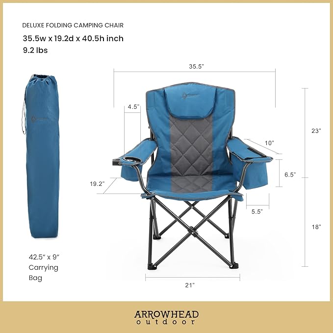 ARROWHEAD OUTDOOR 2-Pack Portable Folding Camping Quad Chair w/ 6-Can Cooler, Cup & Wine Glass Holders, Heavy-Duty Carrying Bag, Padded Armrests, Headrest & Seat, Supports up to 550lbs