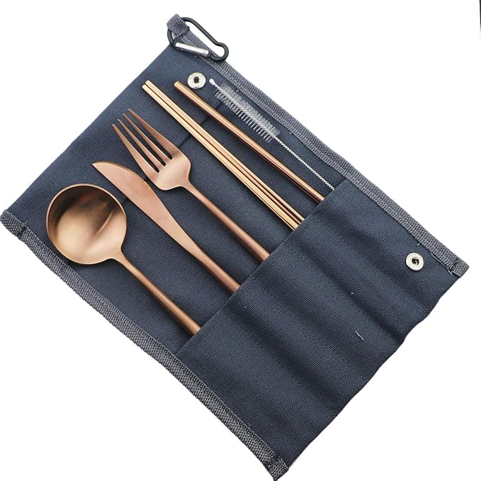 Gugrida Reusable Travel Utensils, 7 Piece Portable 304 Stainless Steel including Knife Fork Spoon Chopsticks Cleaning Brush Straws Portable Pouch, Eco-friendly Camping Silverware Set, Dishwasher Safe