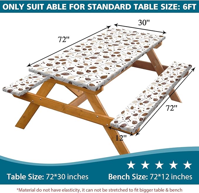 Picnic Table Cover with Bench Covers, Brown Leaf Plaid Leaf Elastic Edges Waterproof Windproof Camping Essentials, Camping Fitted Tablecloth with Drawstring Bag, 72in, Brown