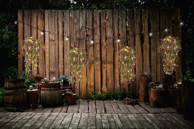 RECUTMS Artificial Hanging Plants with Lights Fake Hanging Plant Faux Eucalyptus Leaf Greenery Vine Outdoor UV Resistant Plastic Plants Home Garden Wedding Party Indoor Outdoor Decorations (Fuchsia)