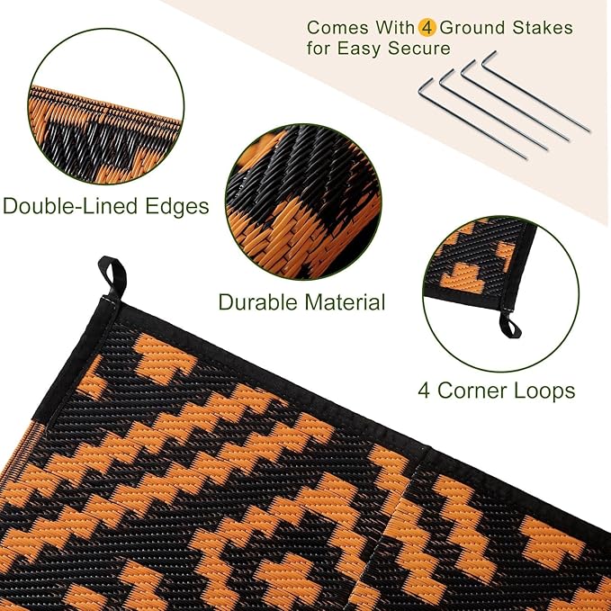 OPPODREAM Outdoor Rug 8x10 Patio Waterproof, Large Outdoor Plastic Straw Rug, Reversible Out Door Carpet for Camping, Deck, Rv, 8 x 10 Area Carpet for Balcony, Porch, Backyard, Black and Orange