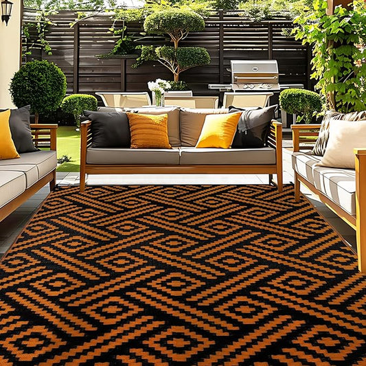 OPPODREAM Outdoor Rug 9x12 Patio Waterproof, Large Outdoor Plastic Straw Rug, Reversible Out Door Carpet for Camping, Deck, Rv, 9 x 12 Area Carpet for Balcony, Porch, Backyard, Black and Orange