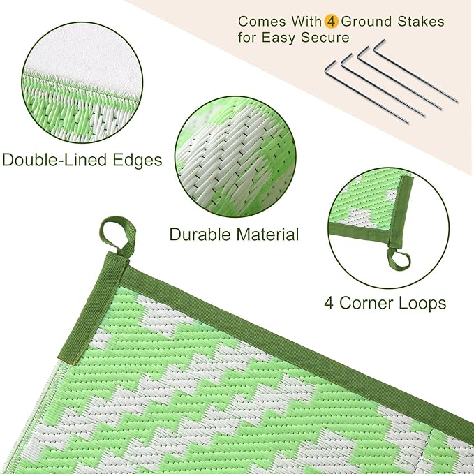 OPPODREAM Outdoor Rug 5x8 Ft, Waterproof Outdoor Plastic Straw Rug for Patio, Reversible Out Door Carpet for Camping, Deck, Rv, 5 x 8 Area Carpet for Balcony, Porch, Backyard, White and Green