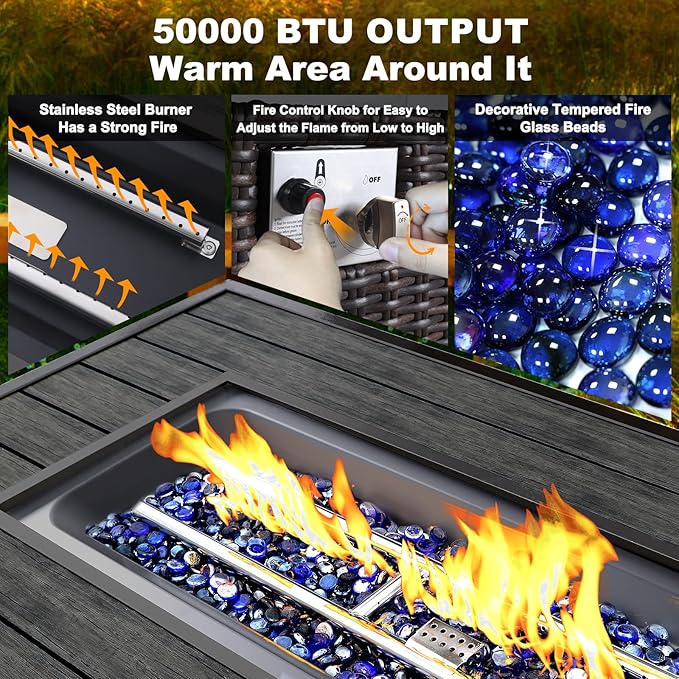 NOBLEMOOD 48 INCH Propane Fire Pit Outdoor Fire Table with Glass Beads, 50,000 BTU Gas Fire Pit Table w/Aluminum Table Top, Waterproof Cover for Outdoor, Patio, Garden, CSA Certification