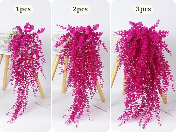 RECUTMS Artificial Plants Fake Hanging Vine Plant Hanging Eucalyptus Vine Artificial Leaves Greenery Plastic Plants for Indoor Bedroom Wall Decoration Outdoor Porch Home Wedding Decor(Pure Fuchsia)