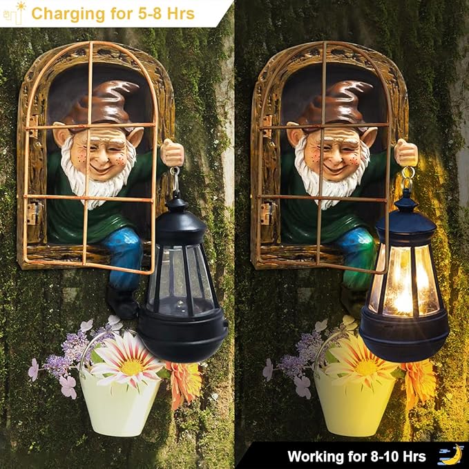 Whimsical Fairy Garden Gnomes with Solar Lights-10 Elf Out The Door Tree Hugger Garden Statues-Outdoor&Yard Decor-Tree Face Sculpture,Ideal Yard Art for Patio,Fence,Wall