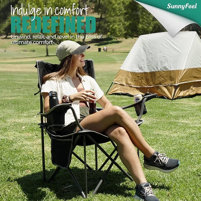 SUNNYFEEL Oversized Folding Camping Chair 2 Pack 500 LBS Heavy Duty Lawn Chairs with Black Portable Folding with Armrest, Cup Holder, Pocket ＆Bag for Outdoor Camping/Beach/Travel/Picnic/Fishing