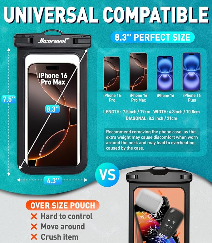 Hiearcool Waterproof Phone Pouch, Waterproof Beach Bag Compatible for iPhone 16 15 14 13 Pro Max, IPX8 Cellphone Travel Essentials for Beach -Black & Sky Blue-2Pack