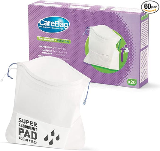 The Original Carebag Emesis Bag with Super Absorbent Pouch- Absorbs 16 oz, No More Leaks and Splashes- Single Use- Reduces Odors- Easy Disposal, 60 Count (3 Boxes of 20)