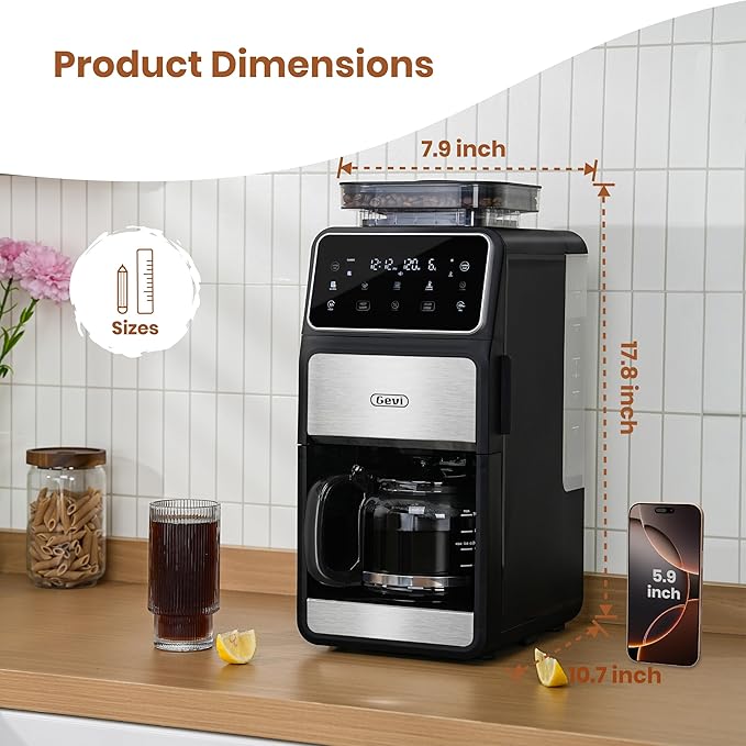 Gevi 10 Cup Drip Coffee Maker with Built-in Grinder, Grind ＆ Brew Burr Combo Coffee Machine with Touch Screen, Programmable, 4-Hour Warm Plate, Permanent Filter, Coffee Carafe