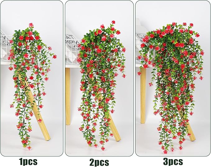 RECUTMS Artificial Hanging Plants Fake Hanging Vine Flowers Fake Plants Faux Hanging Plants Outdoor Faux Eucalyptus Leaf Greenery Wall Indoor Room Wall Wedding Patio Porch Decor(Red)