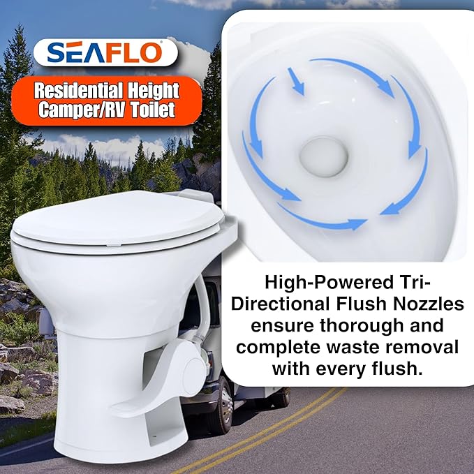SEAFLO Ceramic Residential Height Camper/RV Toilet with Sprayer Attachment & Elongated Ceramic Bowl, 19” Standard Height, Gravity Flush System, Foot Pedal Operation, Soft Close Seat, 4-Year Warranty