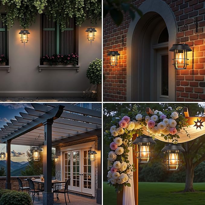 Solar Lanterns Outdoor Waterproof, High Brightness Hanging Solar Lights for Outside with Wall Hooks, Halloween Decor Retro Metal Outdoor Lanterns Auto On/Off for Patio, Yard Decor, Black,2Pack