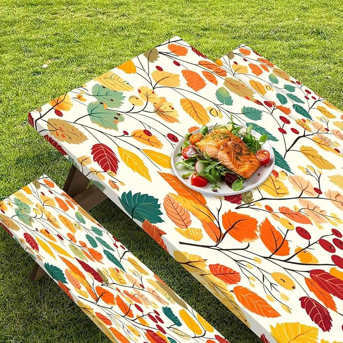 CAPSCEOLL Fitted Picnic Table Cover with Bench Covers with Elastic 8Ft Waterproof Camping Picnic Table Cover Cloths for Outdoors Camping Tablecloth with Drawstring Bag, 96X30in, Fall Leaves