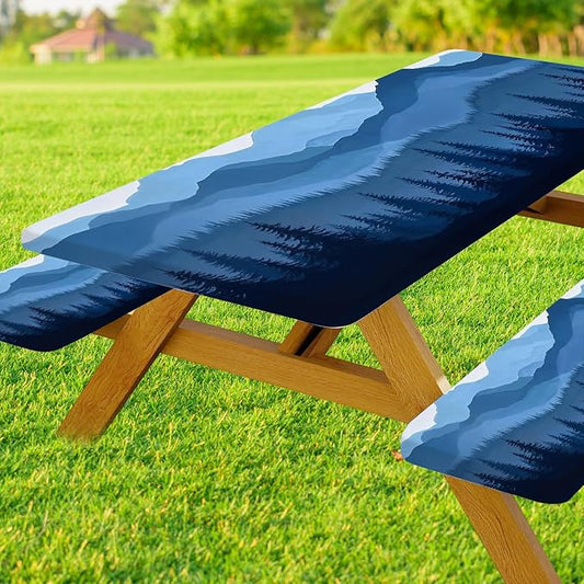 Picnic Table Cover with Bench Covers Elastic Edges, Blue Grey Mountain Pine Table Cover, Waterproof Windproof Fitted, for Outdoor Camping Patio Garden , Drawstring Bag,96 in