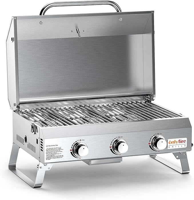 Tabletop Gas Grill 3 Burners, Stainless Steel Portable Propane Grill with Foldable Legs for Outdoor Patio Backyard Camping, Tailgating, RV Trip, Heavy Duty & 24000BTU, GS307