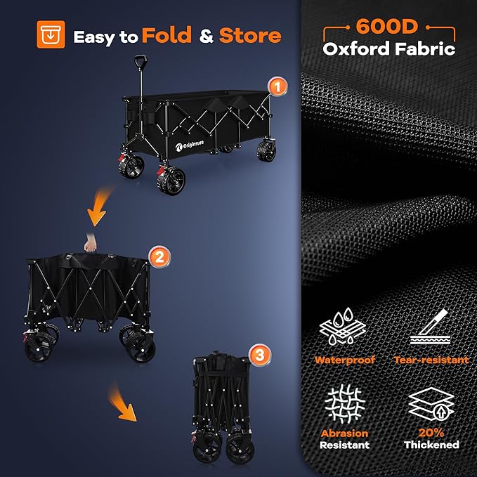 48" L Collapsible Wagon Cart Foldable, 560LB Weight Capacity 300L Heavy Duty Folding Beach Wagons with Big All-Terrain Wheels, Utility Carts for Groceries, Shopping, Camping, Sports - Black