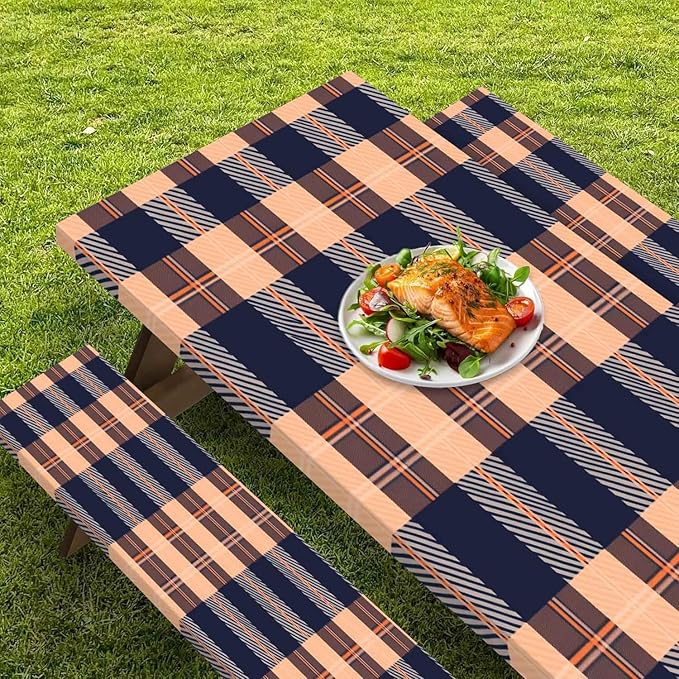 CAPSCEOLL Elastic Picnic Table Cover with Bench Covers 5Ft Waterproof Fitted Picnic Table Cover Cloths for Outdoors Camping Tablecloth with Drawstring Bag, 60X30in, Autumn Plaid