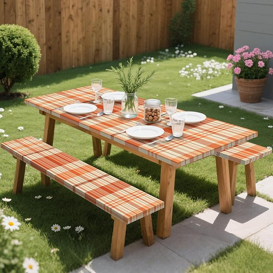 Orange Picnic Table Cover with Bench Covers, 3 Pcs Waterproof Elastic Picnic Table Cover Fall Outdoor Camping Essentials, Windproof Fitted Tablecloth for Indoor Outdoor (Plaid, 72X30 Inch)
