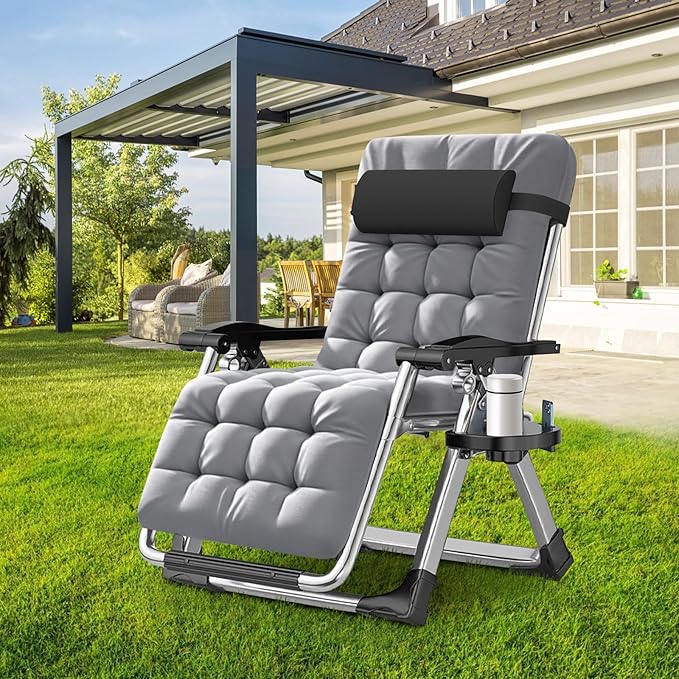 ABORON 2 Pack Zero Gravity Chair, Outdoor Lounge Chairs Sun Loungers with Removable Cushion,Headrest,Cup Holder,Reclining Patio Lounger Chair for Indoor and Outdoor