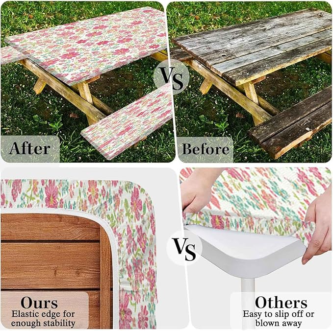 CAPSCEOLL Elastic Picnic Table Cover with Bench Covers 5Ft Waterproof Fitted Picnic Table Cover Cloths for Outdoors Camping Tablecloth with Drawstring Bag, 60X30in, Pink Flowers