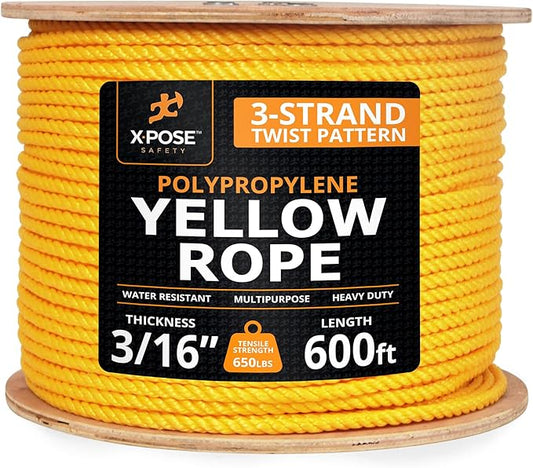 Yellow Twisted Polypropylene Rope, 3/16" Thickness x 600' Length Heavy Duty Poly Ropes for Outdoor and Marine Use, Yellow Rope for Visibility & Safety