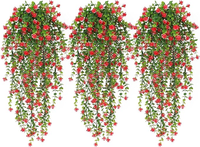 RECUTMS Artificial Hanging Plants Fake Hanging Vine Flowers Fake Plants Faux Hanging Plants Outdoor Faux Eucalyptus Leaf Greenery Wall Indoor Room Wall Wedding Patio Porch Decor(Red)