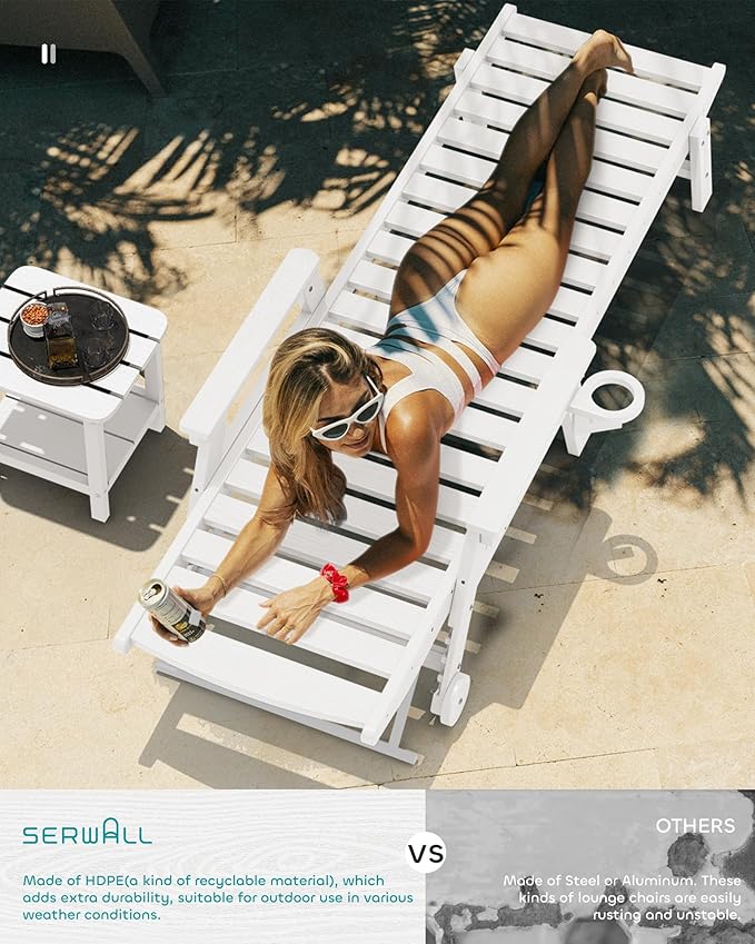 SERWALL Patio Chaise Lounge Chair Set of 2 with 9FT Patio Umbrella, 78'' HDPE Outdoor Lounger 5 Positions Adjustable, Poly Lounge Chair with Rolling Wheels & Cup Holder for Pool,Light White