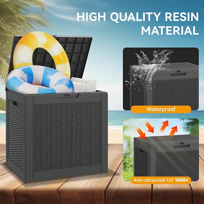 NUNU LAB 30 Gallon Waterproof Outdoor Storage Box, Lockable Resin Deck Box Bench for Patio Cushions, Garden Tools, Pool Accessories & Package Deliveries – Black
