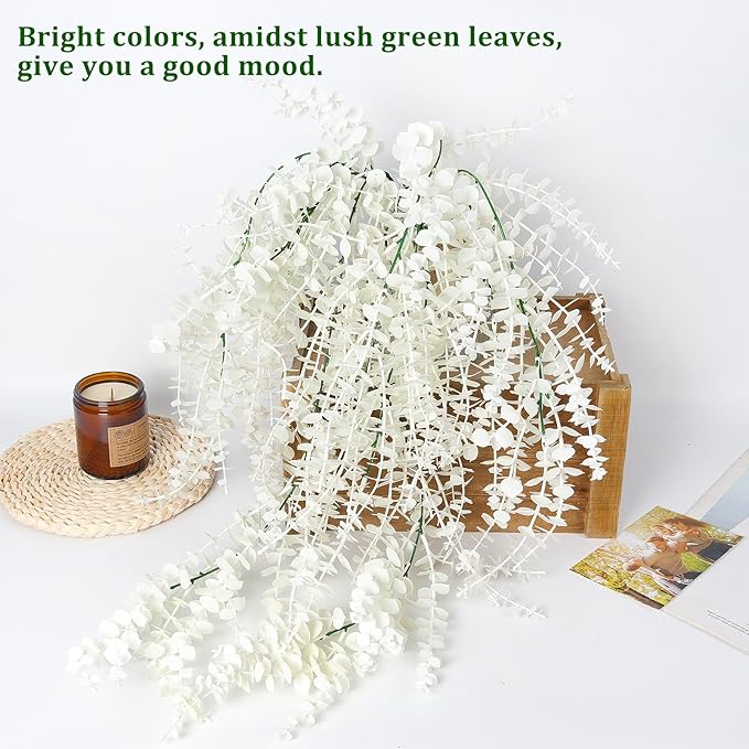 RECUTMS Fake Plant Hanging Eucalyptus Vines Plants Faux Eucalyptus Leaf Hanging Plant for Room Wedding Proch Yard Outdoor Home Wall Kitchen Bathroom Indoor Decoration in 3 Pcs(Pure White)