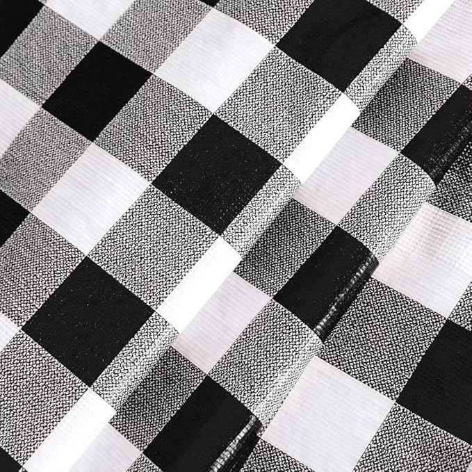 Fitable Vinyl Round Elastic Tablecloth with Flannel Backing - Waterproof Plaid Picnic Table Cover for Indoor Outdoor, Black and White (Fit for 57"-68" Round Tables)