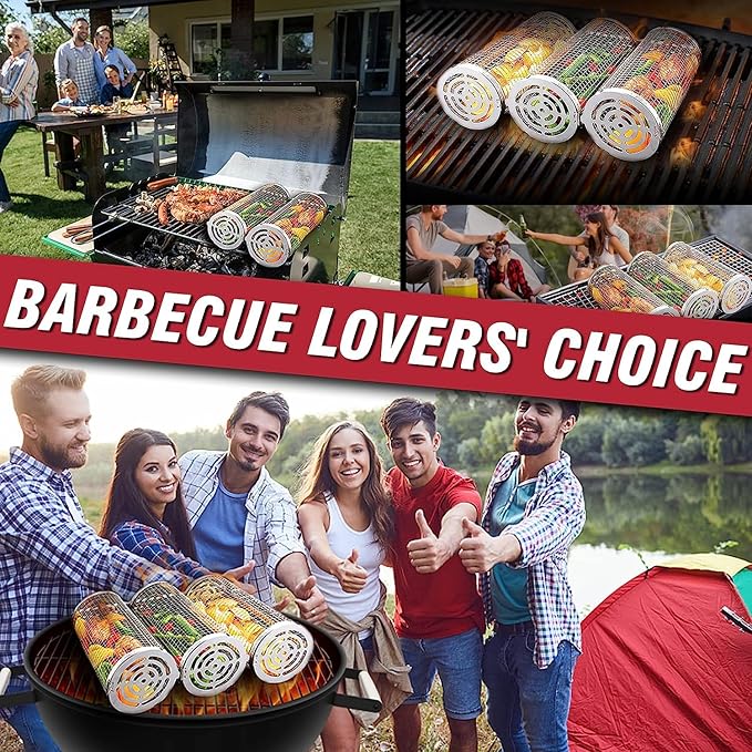 Rolling Grilling Baskets for Outdoor Grill Bbq Net Tube with Spray Bottle Large Outsidegrill Crate Baskrt Canisters Barbeque Basket for Camping Picnic Party Cooking Accessories Gifts for Men