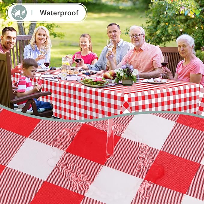 misaya Rectangle Waterproof Vinyl Table Cloth, Buffalo Flannel Backed Tablecloth, Wipeable Plastic Table Cover for Dinner, Kitchen, Outdoor (60" x 120", Red and White)