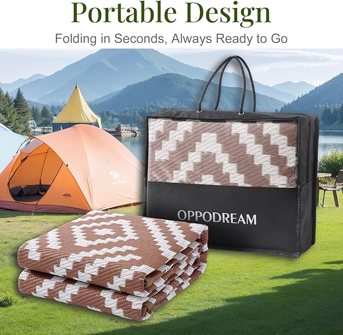 OPPODREAM Outdoor Rug 8x10 Patio Waterproof, Large Outdoor Plastic Straw Rug, Reversible Out Door Carpet for Camping, Deck, Rv, 8 x 10 Area Carpet for Balcony, Porch, Backyard, White and Brown