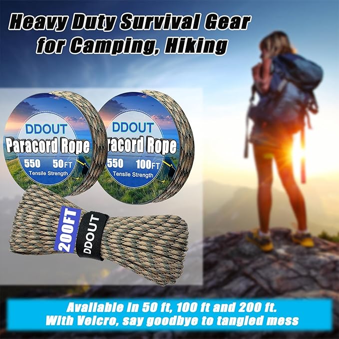 Paracord Nylon Rope Camo 100ft with 7-Strand Core, 10 Colors and 50/100/200 ft, Type III Parachute Cord 4mm for Camping, Survival, Hiking, DIY, Crafting, Outdoor Utility Rope