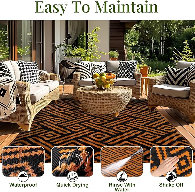 OPPODREAM Outdoor Rug 8x10 Patio Waterproof, Large Outdoor Plastic Straw Rug, Reversible Out Door Carpet for Camping, Deck, Rv, 8 x 10 Area Carpet for Balcony, Porch, Backyard, Black and Orange