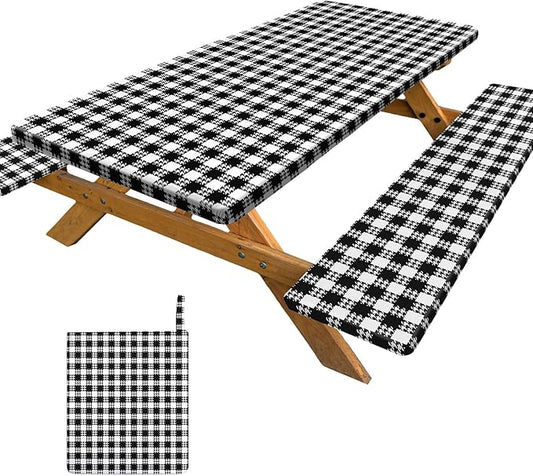 Picnic Table Cover with Bench Covers Portable Table Cloth Built-in Storage Pocket Picnic Table Covers with Elastic Waterproof Camping Essentials for RV Camping