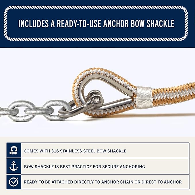 RainierSupplyCo Boat Anchor Rope - Double Braided Marine Rope Anchor Line - 50 ft x 1/4 Inch Nylon Boating Line with 316 Stainless Steel and Heavy Duty Marine Grade Bow Shackle - White/Gold