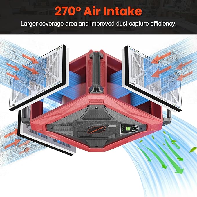 Abestorm 1080 CFM Intake Air Filtration System, 270 Degree Workshop Dust Collector with Remote Control, Ceiling Mounted for Woodworking Shops and Garage, 2-speed Adjustment, DecDust 1080