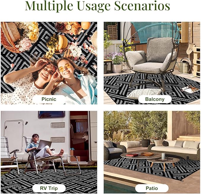 OPPODREAM Outdoor Rug 8x10 Patio Waterproof, Large Outdoor Plastic Straw Rug, Reversible Out Door Carpet for Camping, Deck, Rv, 8 x 10 Area Carpet for Balcony, Porch, Backyard, Black and Grey