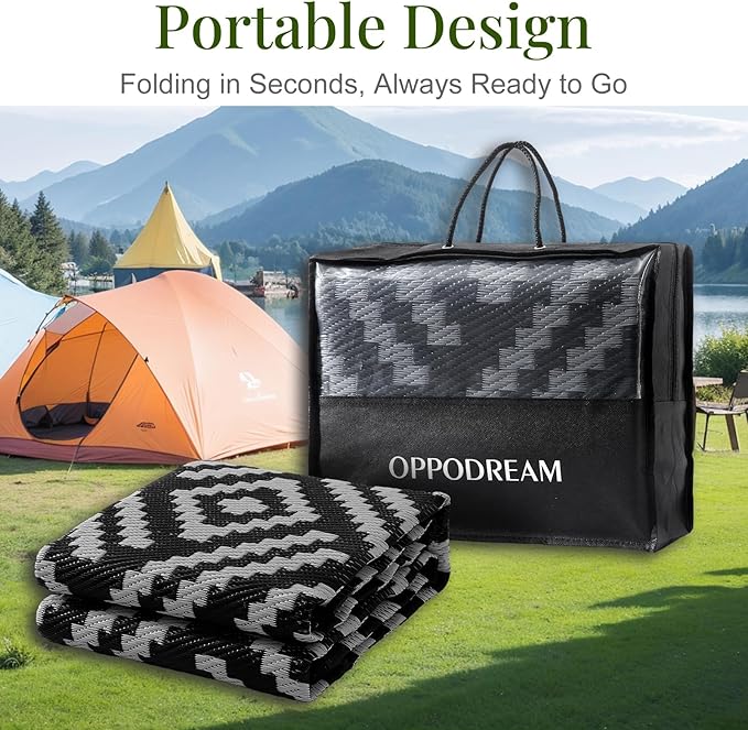 OPPODREAM Outdoor Rug 8x10 Patio Waterproof, Large Outdoor Plastic Straw Rug, Reversible Out Door Carpet for Camping, Deck, Rv, 8 x 10 Area Carpet for Balcony, Porch, Backyard, Black and Grey