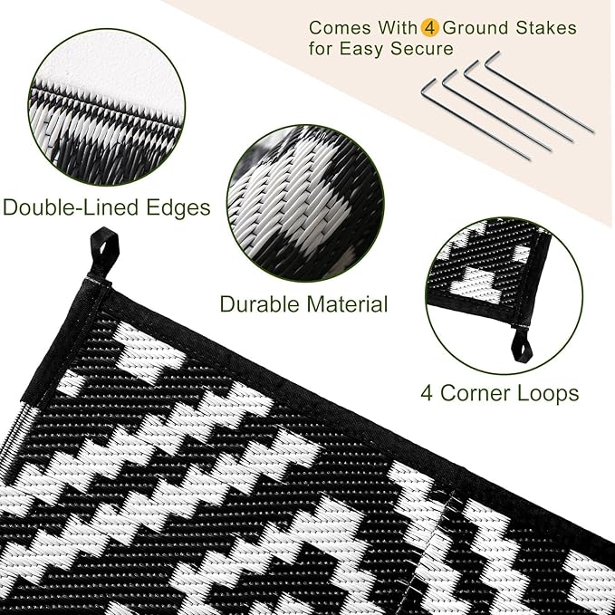 OPPODREAM Outdoor Rug 5x8 Ft, Waterproof Outdoor Plastic Straw Rug for Patio, Reversible Out Door Carpet for Camping, Deck, Rv, 5 x 8 Area Carpet for Balcony, Porch, Backyard, Black and White