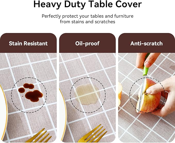 Romanstile Rectangle Plastic Tablecloth, 100% Waterproof Oil-Proof Checkered PVC Table Cloths, Heavy Duty Vinyl Table Covers for Dining, Camping, Picnic, Outdoor - 52 x 70 Inch, Sand